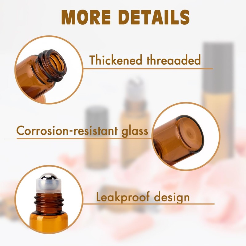 ZEJIA 3ml Roller Bottles 12Pack Amber Thick Glass Essential Oil