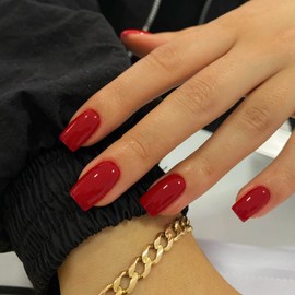 KQueenest Red Press on Nails Short Medium Square Glue on Nails Short Length, Solid Color Fake Nails Coffin, Acrylic Nails Press on Reusable Gel Nails for Women Finger Decoration in 24 Pcs