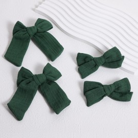 Hair Bows Dark Green Cotton Linen Ribbon Bow Alligator Clips 4Pcs 4"&3.5" Christmas Dressy Bow Cheer Barrettes for Teen Toddler Baby Girls Kids Ponytail Hair Accessories Xmas Gift