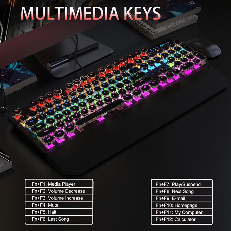 Camiysn Typewriter Style Mechanical Gaming Keyboard, Black Retro Punk Gaming