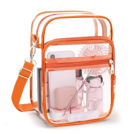 Blvornl Clear Crossbody Bag with Adjustable Shoulder Strap, Stadium Approved PVC Clear Purse Bag with Front Pocket, Clear Messenger Bag for Women and Men for Concerts Sports Events (Orange-L)