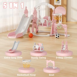 67i Toddler Swing and Slide Set 6 in 1 Indoor Baby Slide for Toddlers 1-3 Toddler Slide for Boys Girls Kids Slide with Basketball Frame and Ball Indoor Outdoor Toddler Playset Playground (Pink)