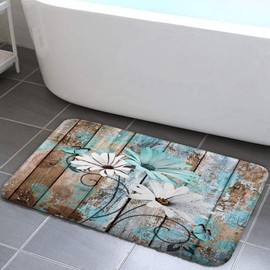 Farmhouse Floral Flower Bath Mat, Teal Daisy Rustic Wooden Plank Country Barn Wood Turquoise Blue Non-Slip Flannel Soft Doormat Floor Entryways Outdoor Indoor Front Door Mat, 16X24