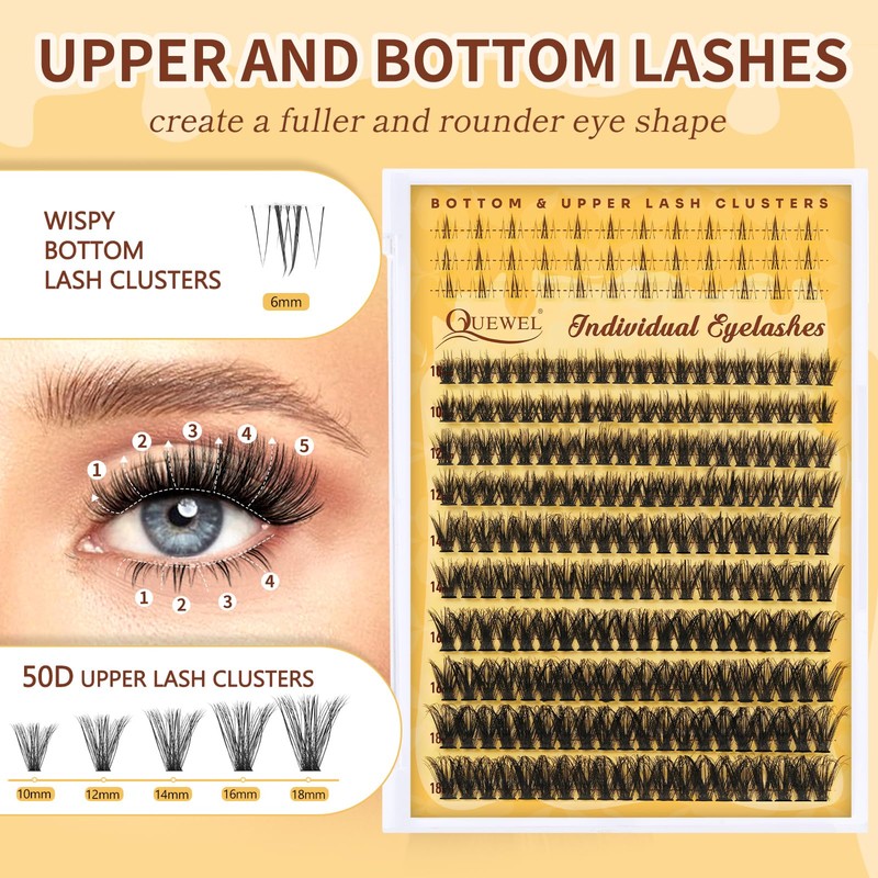 QUEWEL Eyelash Extensions with Fine 10-18 mm Lower Cluster Lashes,