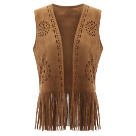 SANSIWU Women Tassel Vest Faux Suede Rivets Sleeveless Fringe Waistcoat Fashion Western 70s Hippie Jacket Cardigan Streetwear (B-01, S)