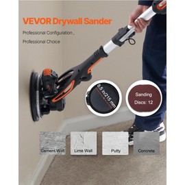 VEVOR Wall Smoother, 900W Electric Tool with 12 Sanding Discs, 800 to 1800 RPM Speed, 3 Vacuum Hoses, Collapsible for Ceiling Use, Dual LED Lights, Telescoping Handle, and Built-in Dust Collector