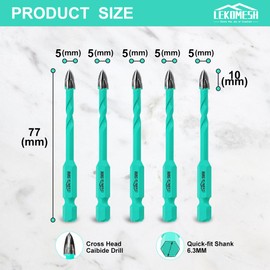 LEKOMESH Tile Drill Concrete Drill Bit Set - 5 Pieces 5 mm Carbide Drill Bits for Wood, Plastic, Masonry, Ceramic Tiles, Concrete, Marble, Quick Change Hex Shank