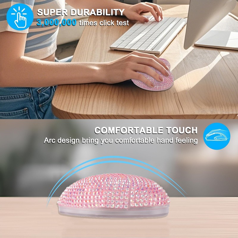 Wireless Mouse Bluetooth Cute Bling Crystal Rhinestone Pink Heart Shape