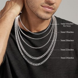 Rajputana S925 Sterling Silver Plated 3 mm/5 mm Thick Cuban Chain for Men Robust Men's Silver Gold Chain Hypoallergenic Curb Necklace Jewellery for Men 18/20/22/24 Inches, Sterling Silver, No Gemstone