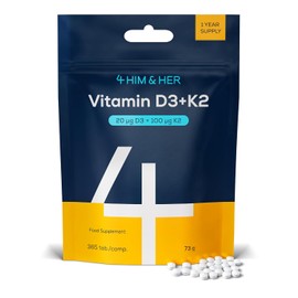 Vitamin D3 K2 Tablets (800 IU + 100µg MK7) – 365 Small Easy to Swallow UK Made Vegan Vitamin D Supplement (1 Year Supply) – Bone Health, Teeth, Muscle & Immune – Cholecalciferol – 4 HIM & HER