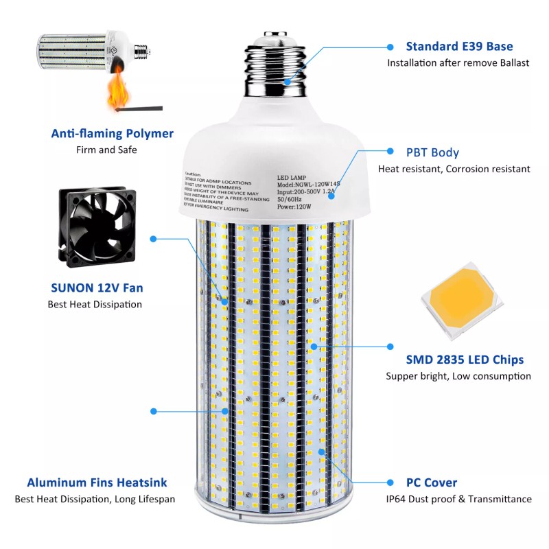 Ngtlight 120W LED Corn Light 500W Equival High Bay Wall