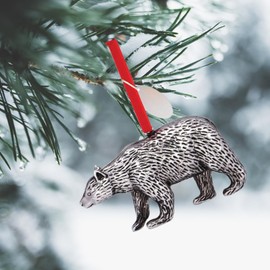 Silver Bear Christmas Ornament – Cast Metal Woodland Holiday Tree Decoration with Red Ribbon – Rustic Lodge Cabin Decor by Christmas Market Ornaments