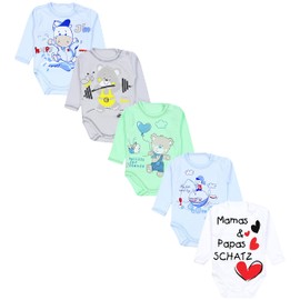 TupTam Unisex Baby Long-Sleeved Bodysuit with Print, Set of 5, Mamas Papas Treasure White Bear Blue Green
