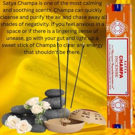 Satya Champa Incense Sticks Pack of 3 X 15G with Free Holder Agarbatti for Home, Outdoor, Aromatherapy, Spa, Yoga, Meditation, Healing