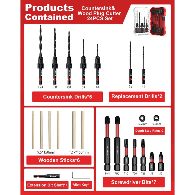 EZARC Countersink Drill Bit Set, 24 PCS Tapered Drill Bits