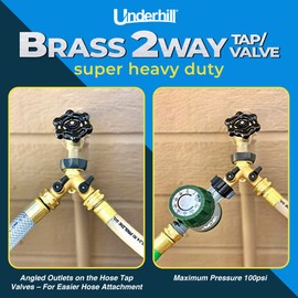 Underhill Hose Outlet Splitter Adapter for Garden Water Hose, 3/4-Inch Hose Thread, Brass 2-Way Heavy-Duty with Shut Off Valve Control, A-HB2-4-Pack