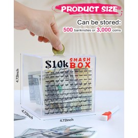 10k Smash Box for Money, Unbreakable Piggy Bank for Adults Save $10,000 Money Saving Challenge Box, Clear Acrylic Saver Box for Cash Must Break to Open (4.72 Inch)