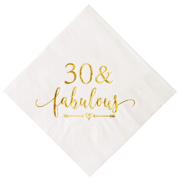 Crisky 30 and Fabulous Cocktail Napkins Gold for Women 30th Birthday Decorations, 30th Birthday Bevergae Dessert Table Supplies, 50Pcs, 3-Ply