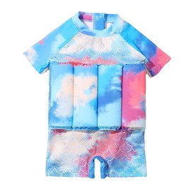 ABEHIK Kids One Piece Floatation Swimsuit for Girls Boys Summer Short Sleeve Lovely Bathing Suits with Adjustable Buoyancy Float Suit Swimwear Swim Vest Blue Pink 2-3 Years
