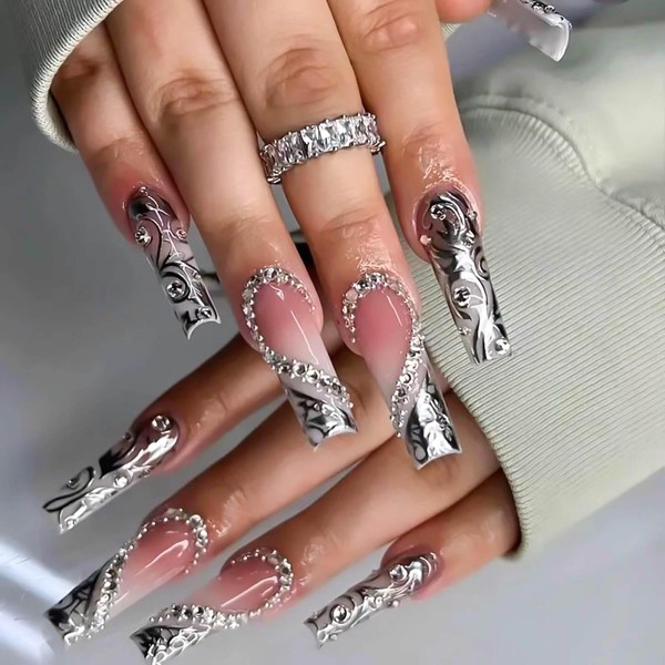 RUOKEXIN Long Press on Nails Square Fake Nails Silver Sparkly