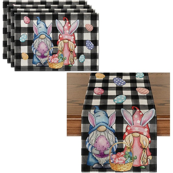 5Pcs Easter Table Runner and Placemats Set, Non-Slip Easter Rabbit