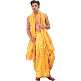 Exotic India Dhoti and Angavastram - Conjunto de cachemira tejida dorada en el borde, Caléndula pálida, Talla única