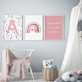 Pompom Prints® Set of 3 Girls Bedroom Prints, Rainbow Nursery Prints, Scandi Boho Style Nursery Decor, Playroom Prints [Picture Frames not Included] (A4, A)