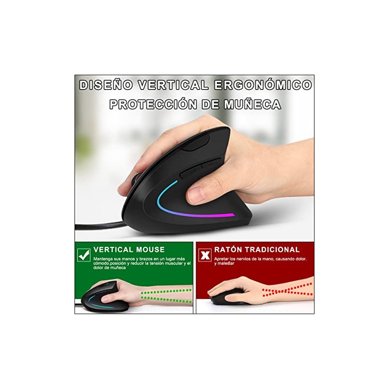 MOYAC Mouse Ergonómico Alarmbrico con 6 Botones, Mouse RGB Silencioso