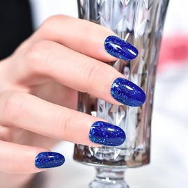 LINSSQ Shimmer Dark Blue Press on Nails Gel Tips, Medium Length Oval False Nails, Beauty Glossy Glitter Manicure Reusable UV Gel Fake Fingernails Nail Art Tips for Daily Office Party