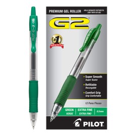 PILOT G2 Premium Refillable & Retractable Rolling Ball Gel Pens, Extra Fine Point, Green Ink, 12-Pack (31005)