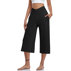 TARSE Womens Casual Wide Leg Yoga Capris Summer Crossover High Waist Capri Pants Loose Soft Pajama Pockets Sweatpants(Black,M)