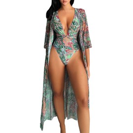 Floerns Women's One Piece Swimsuit Allover Print Monokini with Kimono Cover Up Green Large