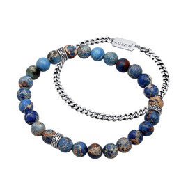 Kuzzoi Buddha Men's Bracelet Set, Elastic Gemstone Bracelet with Silver Beads, Blue Agate Beads and a Curb Bracelet for Men, Oxidised 925 Sterling Silver, Length 21 cm, Sterling Silver, Blue Agate
