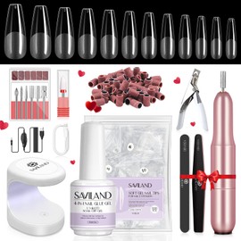 Saviland Gel X Nail Extension Set - Nail Tips and Glue Gel Set with Nail Cutter 4-in-1 Nail Glue Gel 500 Pieces Full Cover Long Coffin Nail Tips U V Nail Lamp Nail Design for Nail Extension