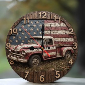 Lancholy 10-Inch Silent Wooden Wall Clock, American Flag Pickup Truck Wall Clock Rustic Decor ” Silent Non-Ticking Clock, Battery Operated (AA Batteries Not Included), Artistic Home Decor