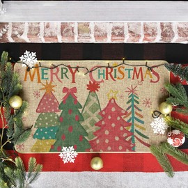 Artoid Mode Pink Xmas Trees Merry Christmas Doormat, Winter Xmas Home Decor Low-Profile Switch Rug Door Mat Floor Mat for Indoor Outdoor 17x29 Inch