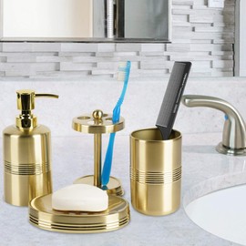 nu steel nusteel Steel pcs Jewel Stainless Steel Bath Accessory Set for Vanity Countertops, 4 Piece Luxury Ensemble Includes Dish, Toothbrush Holder, Tumbler, soap and Lotion Pump, Rich Gold Finish