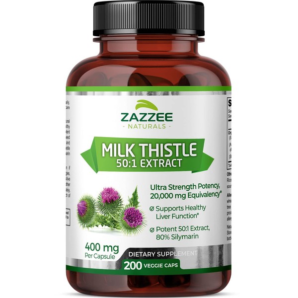Zazzee Organic Milk Thistle Extract 20,000 mg Strength, 200 Vegan Capsules, Potent 50:1 Extract, 80% Silymarin Flavonoids, Contains Organic Milk Thistle, Over 6 Month Supply, Non-GMO and All-Natural