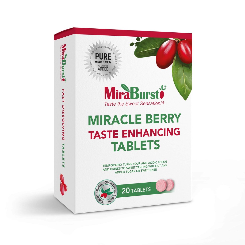 MiraBurst Taste Enhancing Miracle Berry Tablets (20 Count), Turns Sour or Tart Food and Drinks Sweet, Produced from 100% Pure Miracle Fruit Powder, Great for Kids & Diabetics