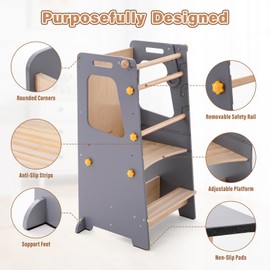 4 in 1 Toddler Kitchen Tower, Kids Kitchen Stool Helper, Standing Tower with Convertible Table and Chair, Toddler Step Stool with Adjustable-Height,Whiteboard and Safety Rail for Kitchen