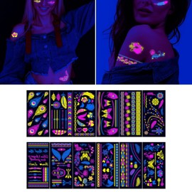 Perfk 12Pcs Glow in The Dark Tattoos React to Black Light Decorations Party Supplies Body Paint for Birthday Parties, Style B