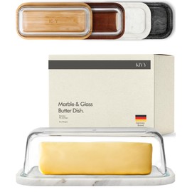 KIVY Butter Dish (White Marble & Glass) - For countertop and refrigerator door shelf - Marble butter keeper - Stone butter dish - Glass butter dish with lid - Dishwasher Safe
