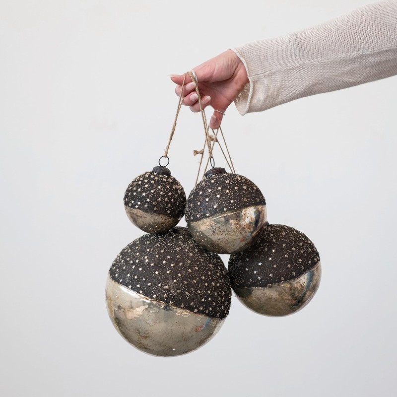 Creative Co-Op Large Round Mercury Glass Ball Ornament with Stars,