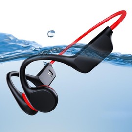 fesoklaf Knochenleitungs-Kopfhörer, IPX8 Wasserdicht Schwimmen Kopfhörer mit 32G Speicher, Bluetooth 5.3 Open Ear Sport Kopfhörer mit Mikrofon Kabellos für Laufen Schwimmen Radfahren Workout (Rot)