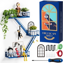PROTITOUS Fire Escape Wall Shelf - NYC Metal Shelf with Decorative Window Design, Modular Floating Shelves for Bedroom, Living Room & Home Décor, Action Figure Display (Navy Blue,3-Tier)