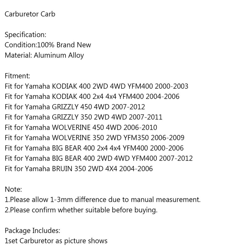 Artudatech Carburetor Carb for Yamaha Kodiak 400 YFM400 Big Bear