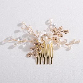 Lenjicons Vintage Flower Leaf Pearls Crystal Hair Comb Golden Leaf Rhinestone Beads Hair Comb Bridal Pearls Crystal Hairpiece Golden Wedding Hair Accessories for Women