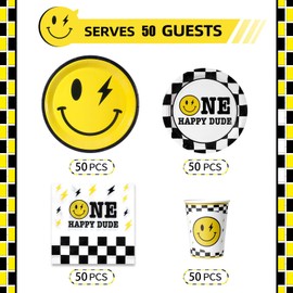 200Pcs One Happy Dude Birthday Plates Yellow Smile Face Party Plates One Happy Dude Paper Plates Cups Napkins Decor Disposable Party Favors for Birthday Baby Shower Wedding Bachelor Party,Serves 50