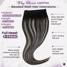 LaaVoo Hair Extensions, Balayage, Ombre, EZE Weft Extensions, Weave, Human Hair, Balayage, Black, 12 Inches (30.5 cm) Wide, Weave, Micro Rings, Invisible, 50 g/Pack, #1b/Silver 18 Inches/45 cm