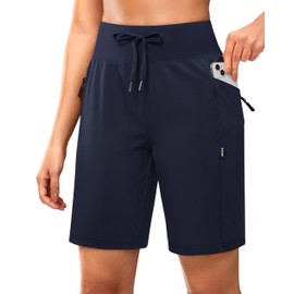 SANTINY Women's 9" Hiking Shorts with 3 Zipper Pockets Lightweight Quick Dry Long Shorts for Women Athletic Travel (Navy_M)